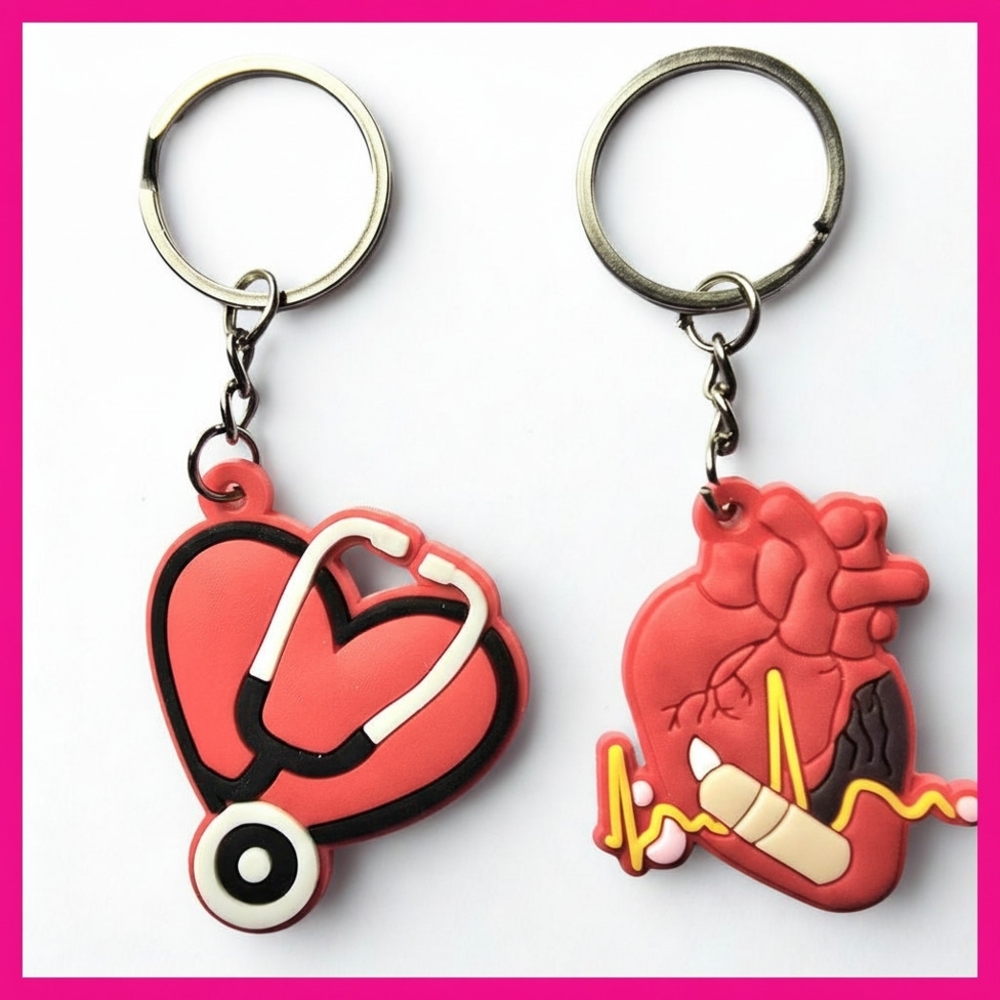 Heart‎ & Stethoscope Medical Keychain Duo - Red/Pink